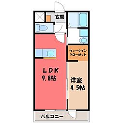 JR東北本線 小山駅 徒歩28分の賃貸アパート 2階1LDKの間取り
