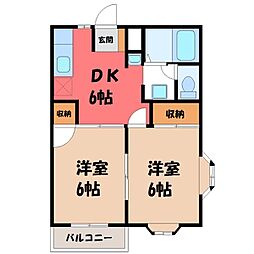 JR水戸線 川島駅 4.8kmの賃貸アパート 2階2DKの間取り