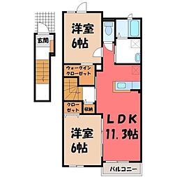 JR東北本線 小山駅 バス25分 星野胃腸科外科医院前下車 徒歩7分の賃貸アパート 2階2LDKの間取り