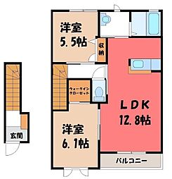 JR水戸線 下館駅 徒歩23分の賃貸アパート 2階2LDKの間取り