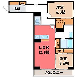 JR東北本線 小山駅 バス15分 城南小前下車 徒歩29分の賃貸マンション 3階2LDKの間取り