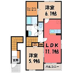 JR水戸線 結城駅 徒歩11分の賃貸アパート 2階2LDKの間取り