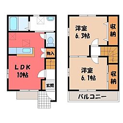 真岡鐵道 下館駅 4.4kmの賃貸テラスハウス 1階2LDKの間取り
