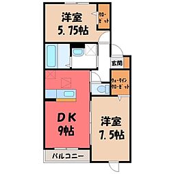 JR東北本線 間々田駅 徒歩31分の賃貸アパート 1階2DKの間取り