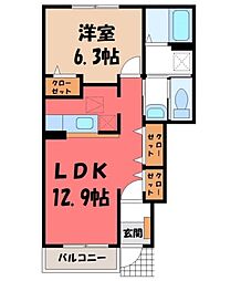 JR水戸線 結城駅 徒歩16分の賃貸アパート 1階1LDKの間取り