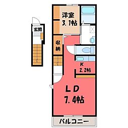 JR水戸線 下館駅 徒歩7分の賃貸アパート 2階1LDKの間取り