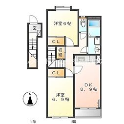 エルヴェ南小向A 2階2DKの間取り