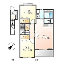 ヴィラ・サンライトI 2階2LDKの間取り