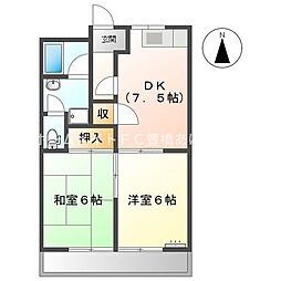 リバティハイツB 2階2DKの間取り