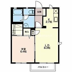 フルール中郷A 1階1LDKの間取り
