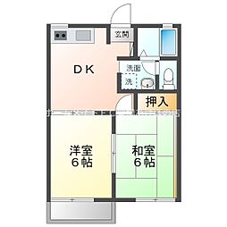 サンコーポ柱東山B棟 2階2DKの間取り