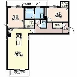 プリュネ向山 2LDKの間取図画像