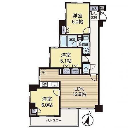【間取り図】南向きで陽当たりの良いお部屋です。