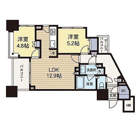 【間取り図】天井が高く開放的な2LDKタイプのお部屋です。