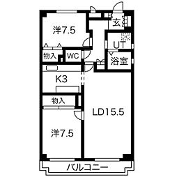 ルミナス山手 1階2LDKの間取り