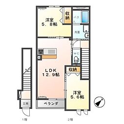 ピエトラ・ディーオI 2階2LDKの間取り