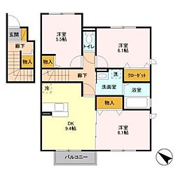 パークシティ土合　B 2階3DKの間取り