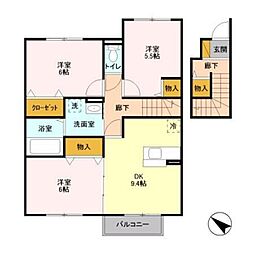 パークシティ土合　B 2階3DKの間取り
