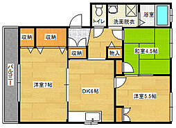 フィールドエッヂC棟 2階3DKの間取り