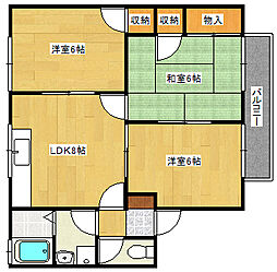 エステート飛鳥A棟 2階3DKの間取り
