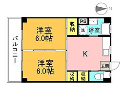 西村ビル 3階2DKの間取り