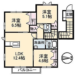 ニューヴァレイ船越　A棟 2階3LDKの間取り
