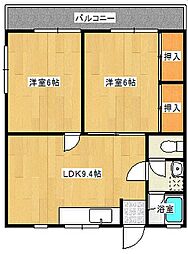 カーメラ冨田 2階2LDKの間取り