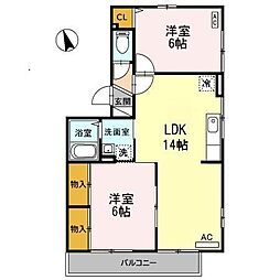 セゾン高取北弐番館 1階2LDKの間取り
