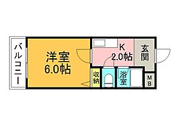 サンシャイン曙 6階1Kの間取り