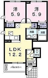フルール祇園II 1階2LDKの間取り