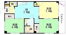 セントラルリバーＣ棟 2階3DKの間取り