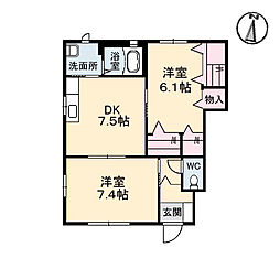 ヴィラージュ　A棟 1階2DKの間取り