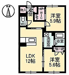リバージュ中広 1階2LDKの間取り