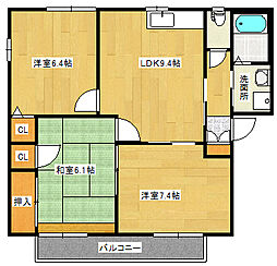 バレイ上温品　Ｂ棟 2階3DKの間取り