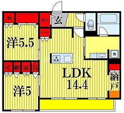 JR総武線 東船橋駅 徒歩11分の賃貸マンション 2階2LDKの間取り