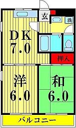 パラディヤハタ 2階2DKの間取り