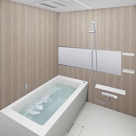 【完成予想図】浴室は浴室乾燥機付きになります。設備は浴室乾燥機、追い炊き機能、横型の鏡、浴槽手摺、物干竿1本など設置してあります。