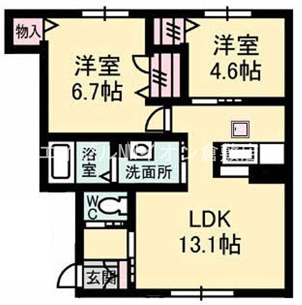 岡山県倉敷市水江(賃貸アパート2LDK・1階・54.51㎡)の写真 その2