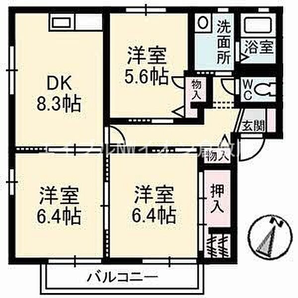 岡山県倉敷市白楽町(賃貸アパート3DK・1階・62.87㎡)の写真 その2