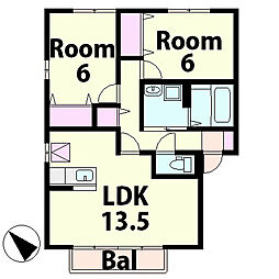 リビングタウン貴生川 B棟 1階2LDKの間取り
