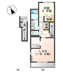 グランドゥール宮前 2階1LDKの間取り