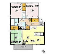 ハイツＲ 2階3LDKの間取り