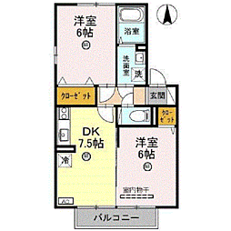 フルール大和　Ｃ 2階2DKの間取り
