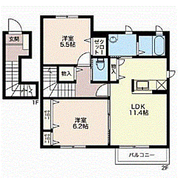 リヴェール　ユィチア 2階1LDKの間取り