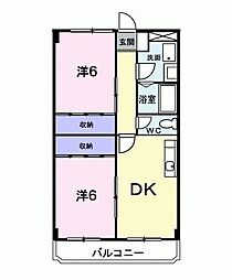 東武伊勢崎線 草加駅 徒歩16分の賃貸マンション 2階2DKの間取り