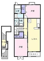 ローレル・フジイ 2階2LDKの間取り
