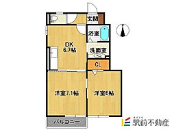 ヴィラウィステリア神埼B棟 1階2DKの間取り