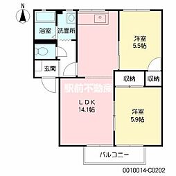 ウィズF C棟 2階2LDKの間取り