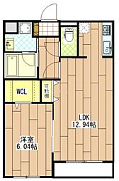 クローバーII 2階1LDKの間取り