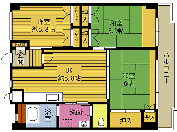 東浜コーポ 601｜大分県大分市東浜１丁目(賃貸マンション3DK・6階・61.20㎡)の写真 その2